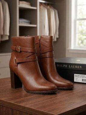 Ralph Lauren Tan Leather Wrap-Strap Ankle Boots